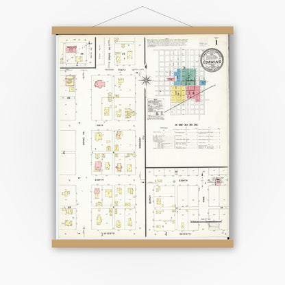 Old map wall art mockup — magnetic wood frame on white wall — Sanborn Fire Insurance Map from Corning, Adams County, Iowa (1907), Sheet #0001