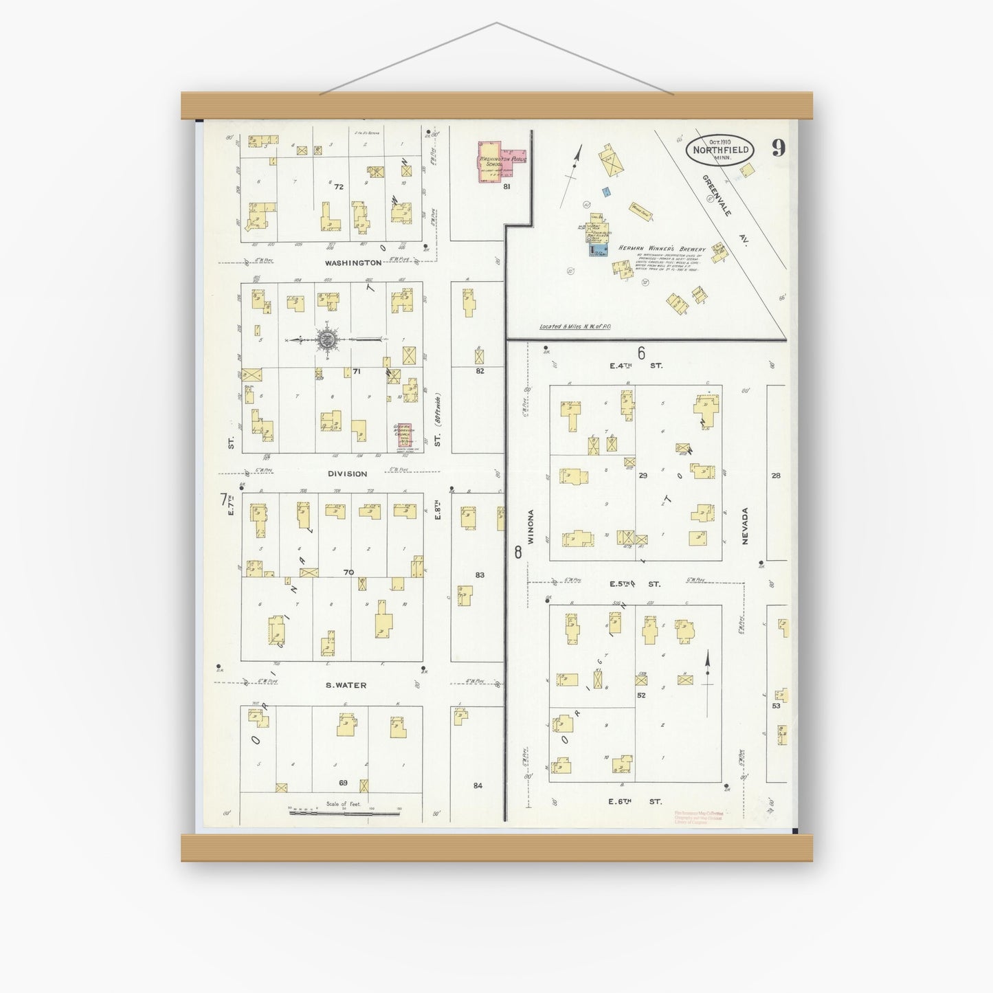 Old map wall art mockup — magnetic wood frame on white wall — Sanborn Fire Insurance Map from Northfield, Rice County, Minnesota (1910), Sheet #0009