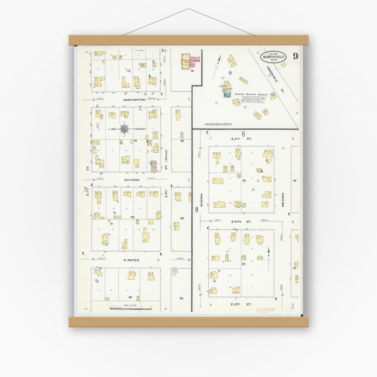 Old map wall art mockup — magnetic wood frame on white wall — Sanborn Fire Insurance Map from Northfield, Rice County, Minnesota (1910), Sheet #0009