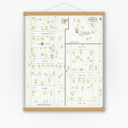 Old map wall art mockup — magnetic wood frame on white wall — Sanborn Fire Insurance Map from Northfield, Rice County, Minnesota (1910), Sheet #0009