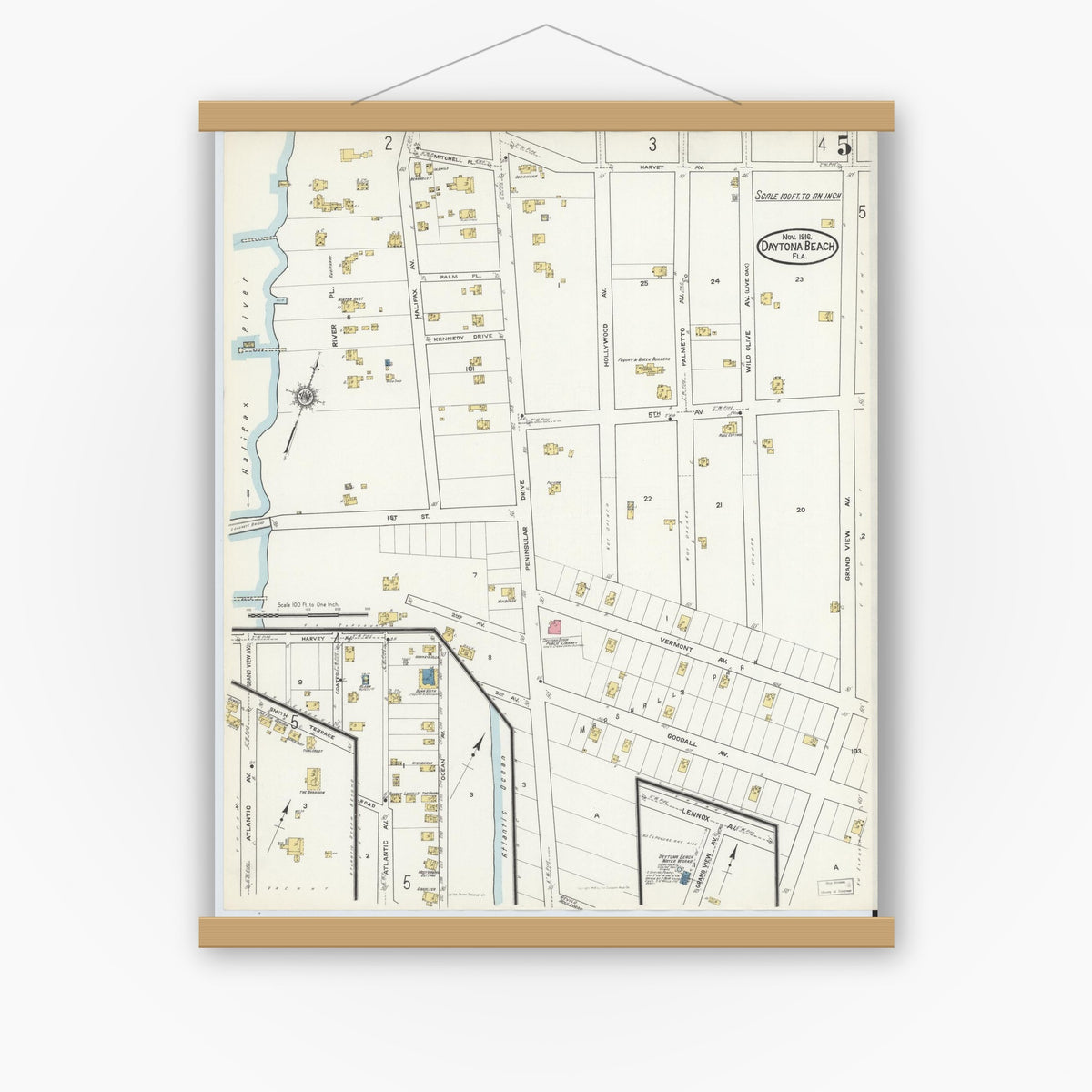 Old map wall art mockup — magnetic wood frame on white wall — Sanborn Fire Insurance Map from Daytona Beach, Volusia County, Florida (1916), Sheet #0005