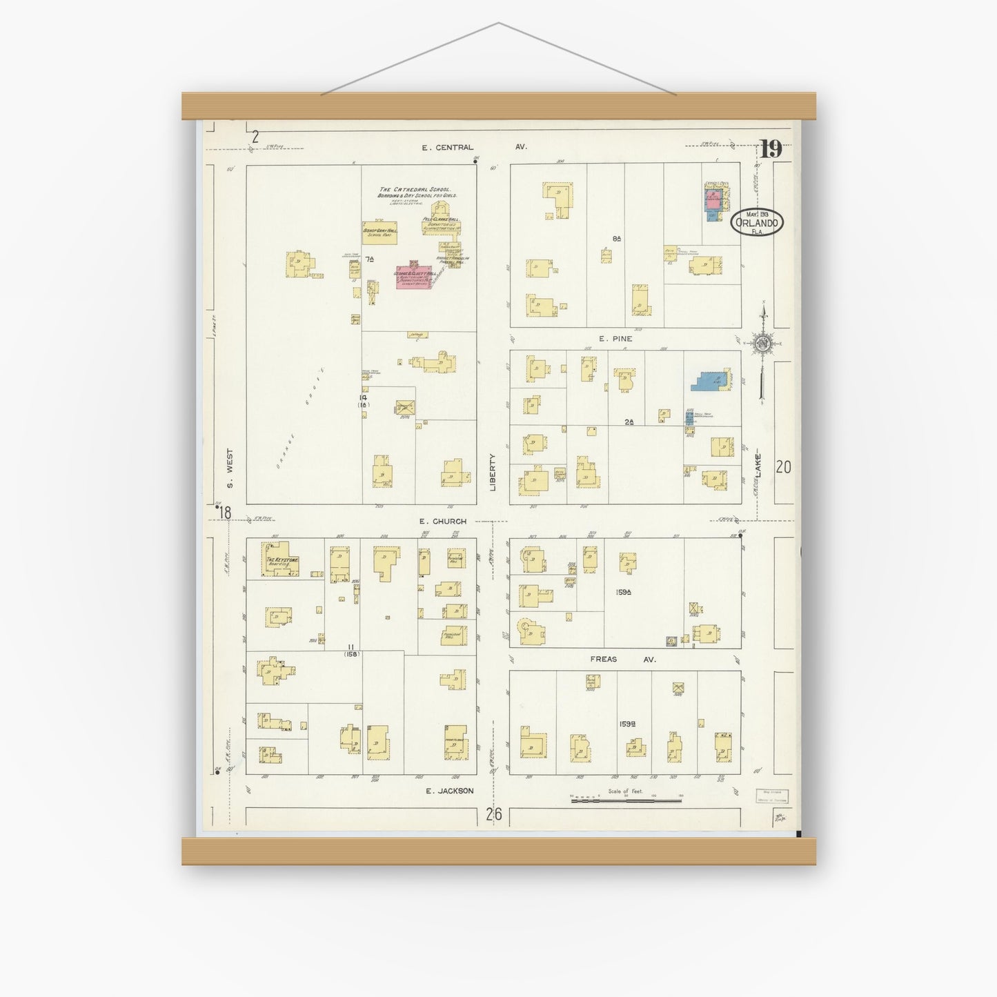 Old map wall art mockup — magnetic wood frame on white wall — Sanborn Fire Insurance Map from Orlando, Orange County, Florida (1913), Sheet #0019