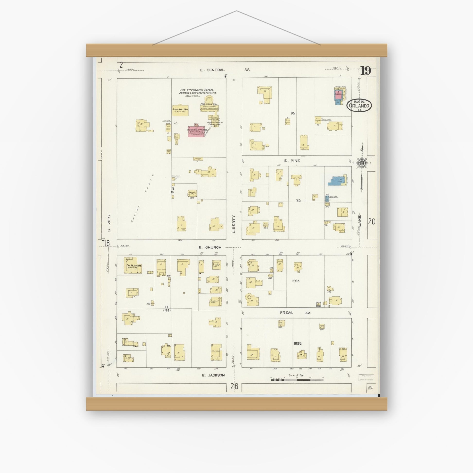 Old map wall art mockup — magnetic wood frame on white wall — Sanborn Fire Insurance Map from Orlando, Orange County, Florida (1913), Sheet #0019