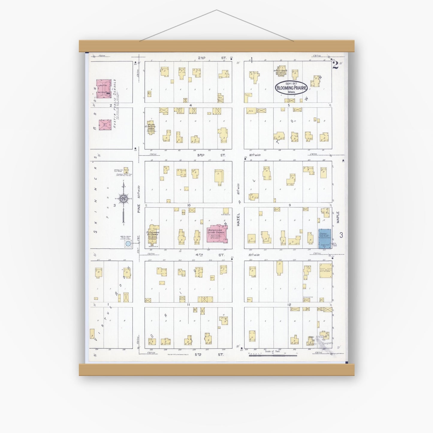 Old map wall art mockup — magnetic wood frame on white wall — Sanborn Fire Insurance Map from Blooming Prairie, Steele County, Minnesota (1917), Sheet #0002