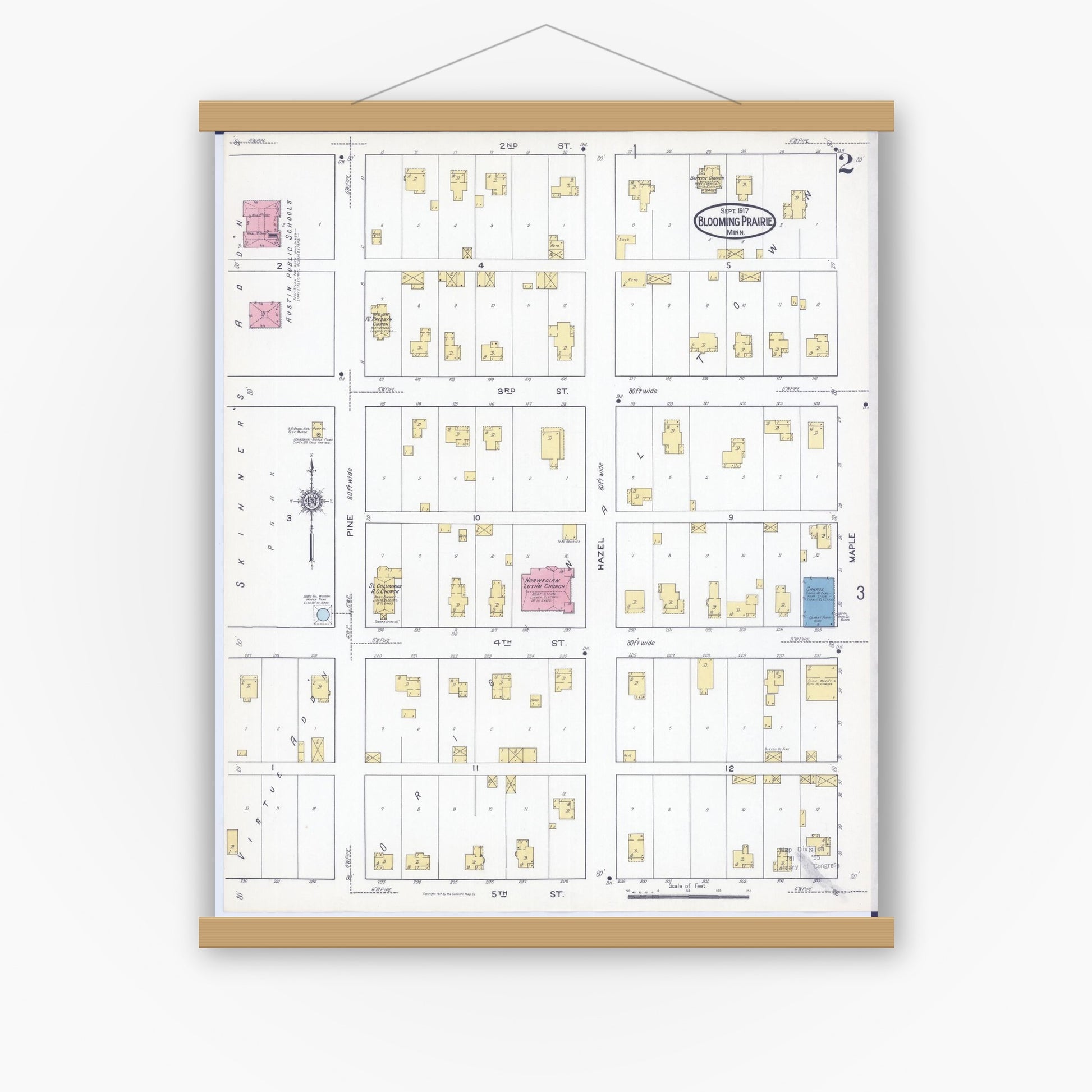 Old map wall art mockup — magnetic wood frame on white wall — Sanborn Fire Insurance Map from Blooming Prairie, Steele County, Minnesota (1917), Sheet #0002