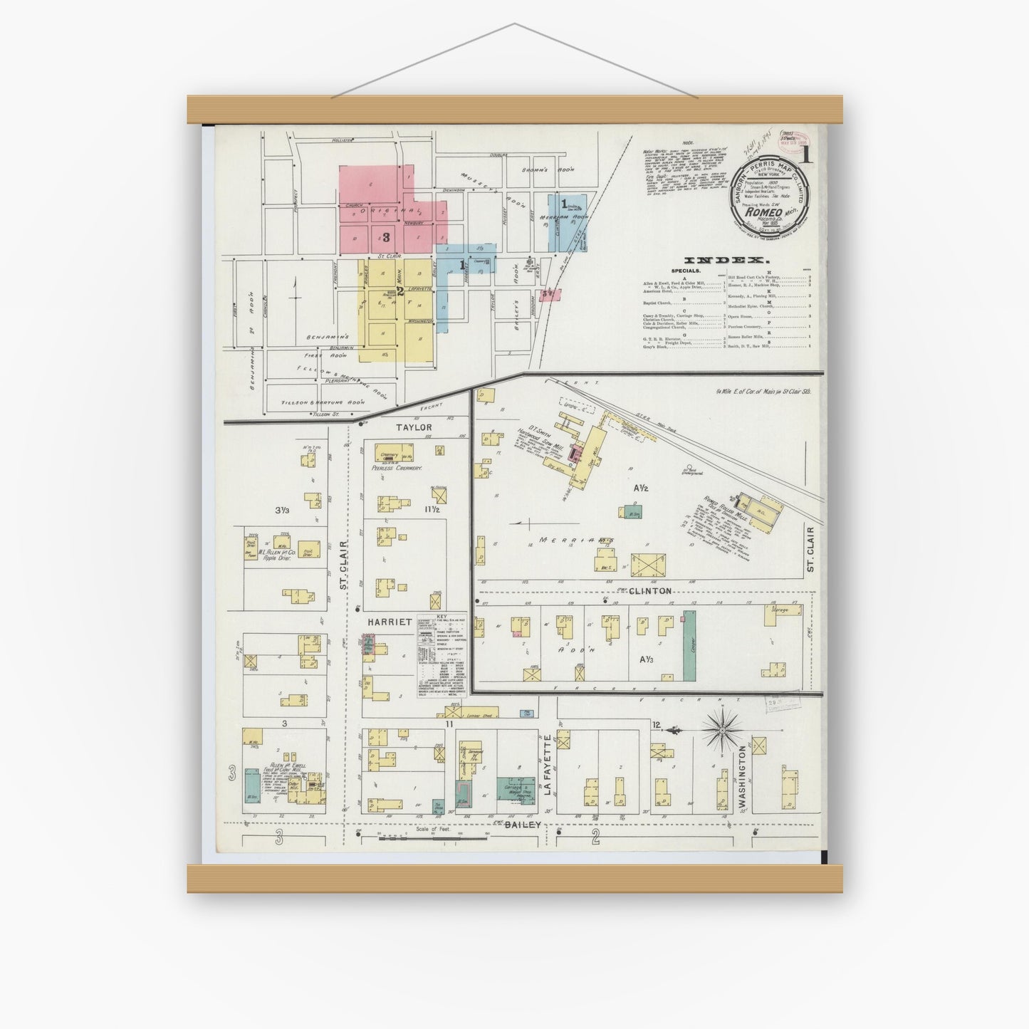 Old map wall art mockup — magnetic wood frame on white wall — Sanborn Fire Insurance Map from Romeo, Macomb County, Michigan (1895) - Complete Map Set
