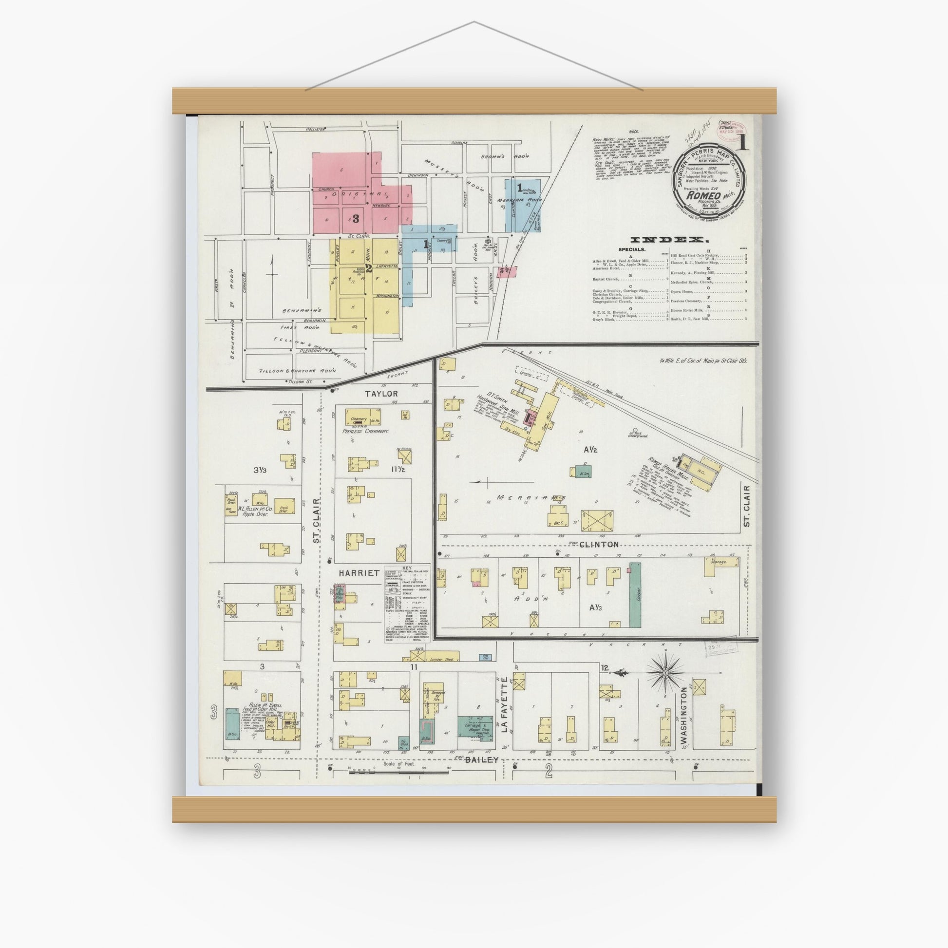 Old map wall art mockup — magnetic wood frame on white wall — Sanborn Fire Insurance Map from Romeo, Macomb County, Michigan (1895) - Complete Map Set