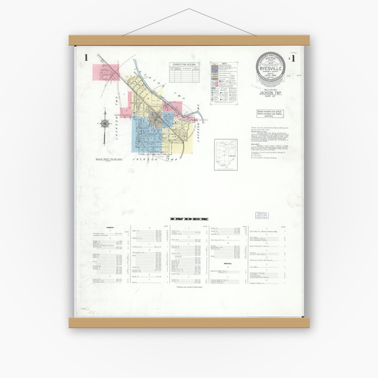 Old map wall art mockup — magnetic wood frame on white wall — Sanborn Fire Insurance Map from Byesville, Guernsey County, Ohio (1948), Sheet #0001