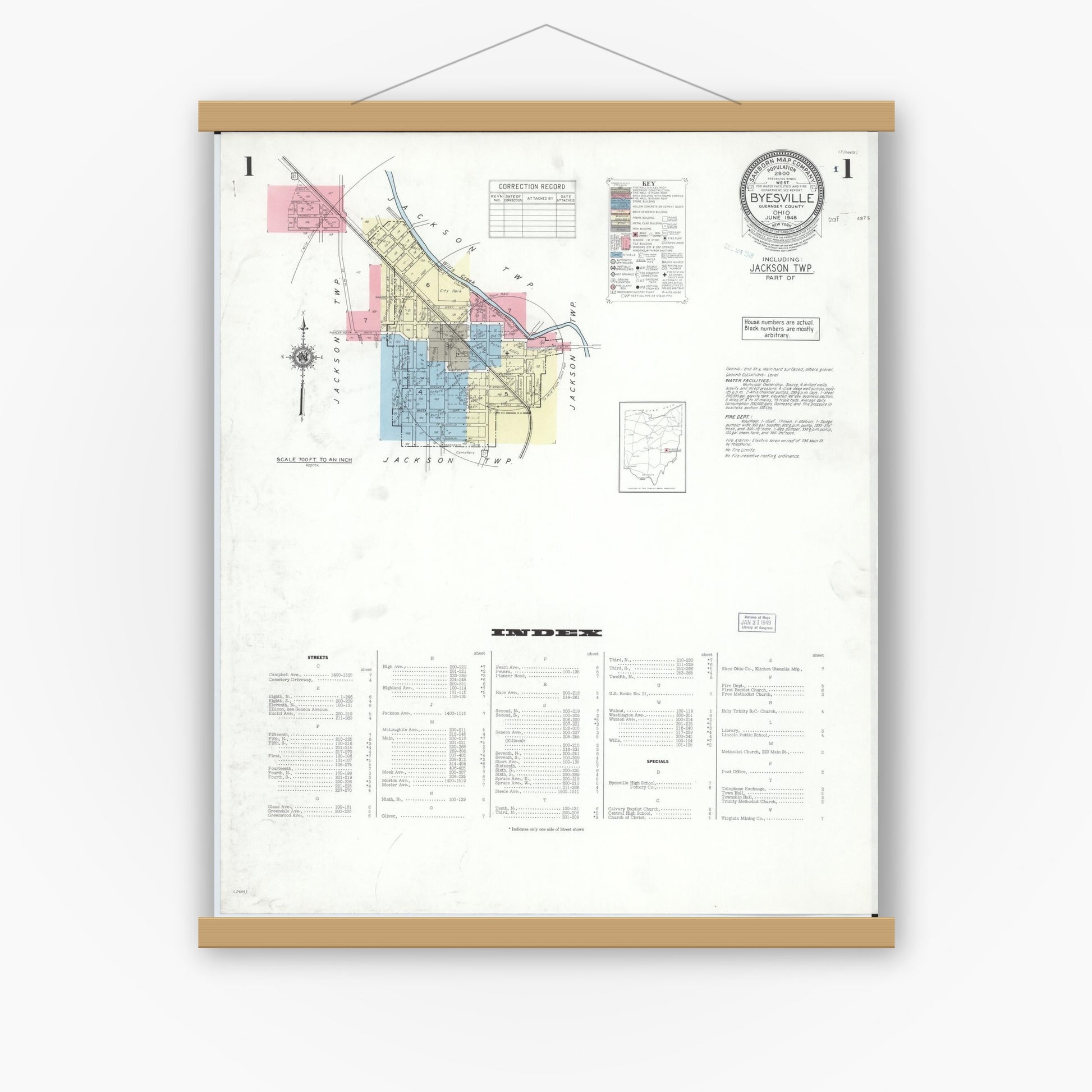 Old map wall art mockup — magnetic wood frame on white wall — Sanborn Fire Insurance Map from Byesville, Guernsey County, Ohio (1948), Sheet #0001