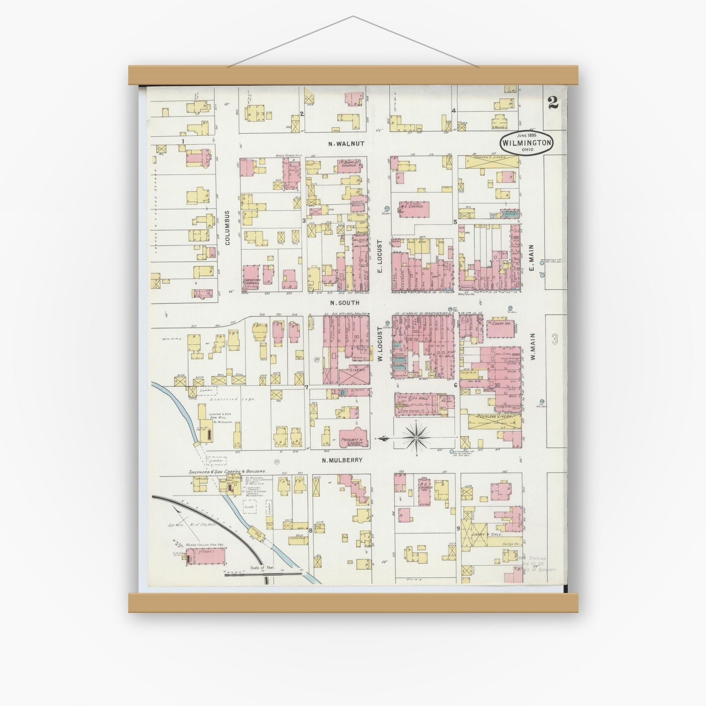 Old map wall art mockup — magnetic wood frame on white wall — Sanborn Fire Insurance Map from Wilmington, Clinton County, Ohio (1895), Sheet #0002
