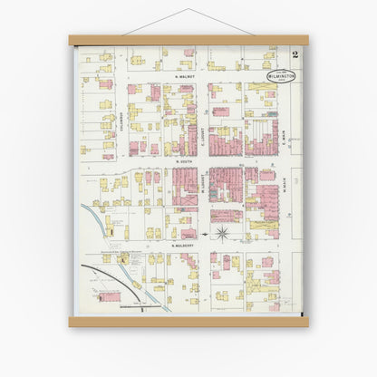 Old map wall art mockup — magnetic wood frame on white wall — Sanborn Fire Insurance Map from Wilmington, Clinton County, Ohio (1895), Sheet #0002