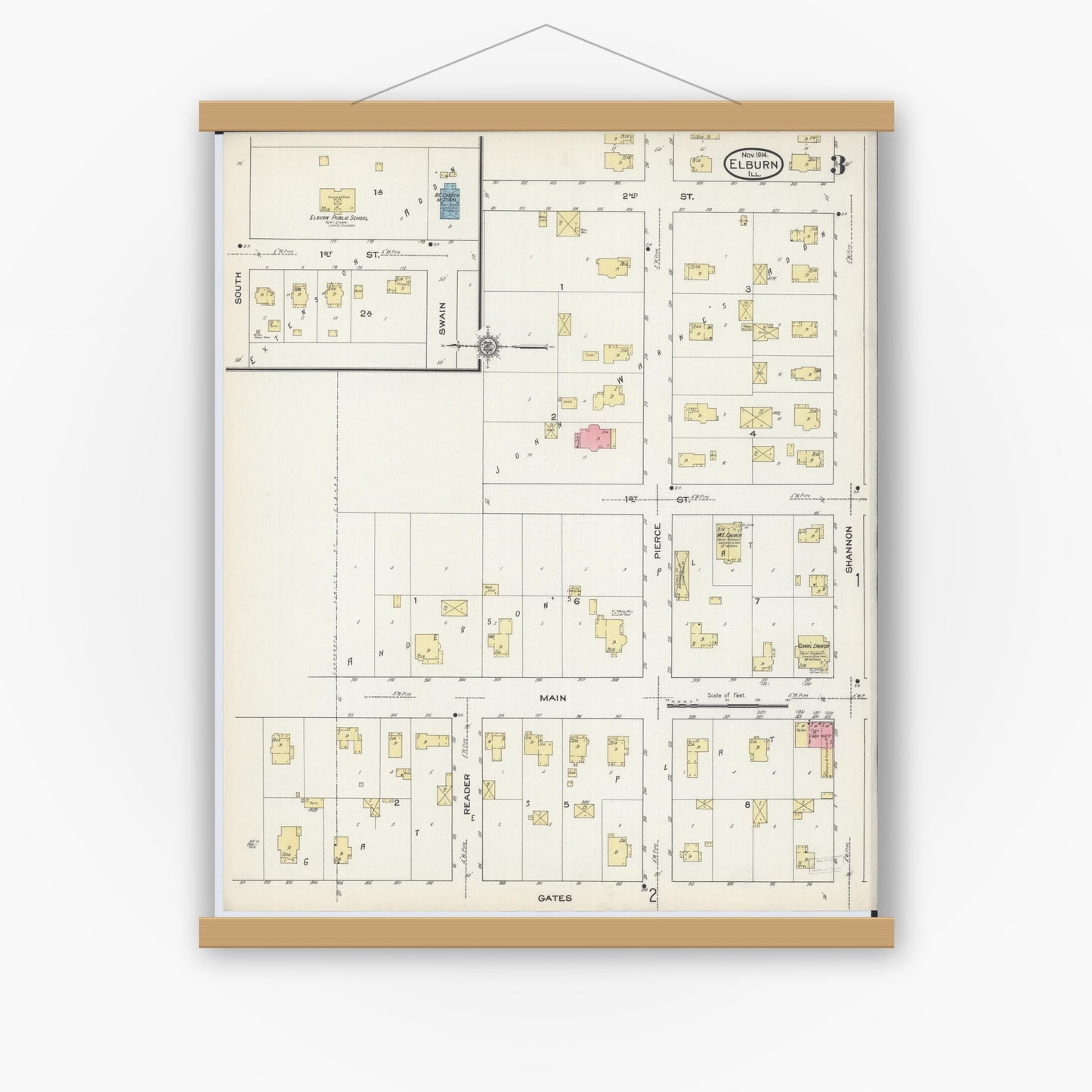 Old map wall art mockup — magnetic wood frame on white wall — Sanborn Fire Insurance Map from Elburn, Kane County, Illinois (1914), Sheet #0003