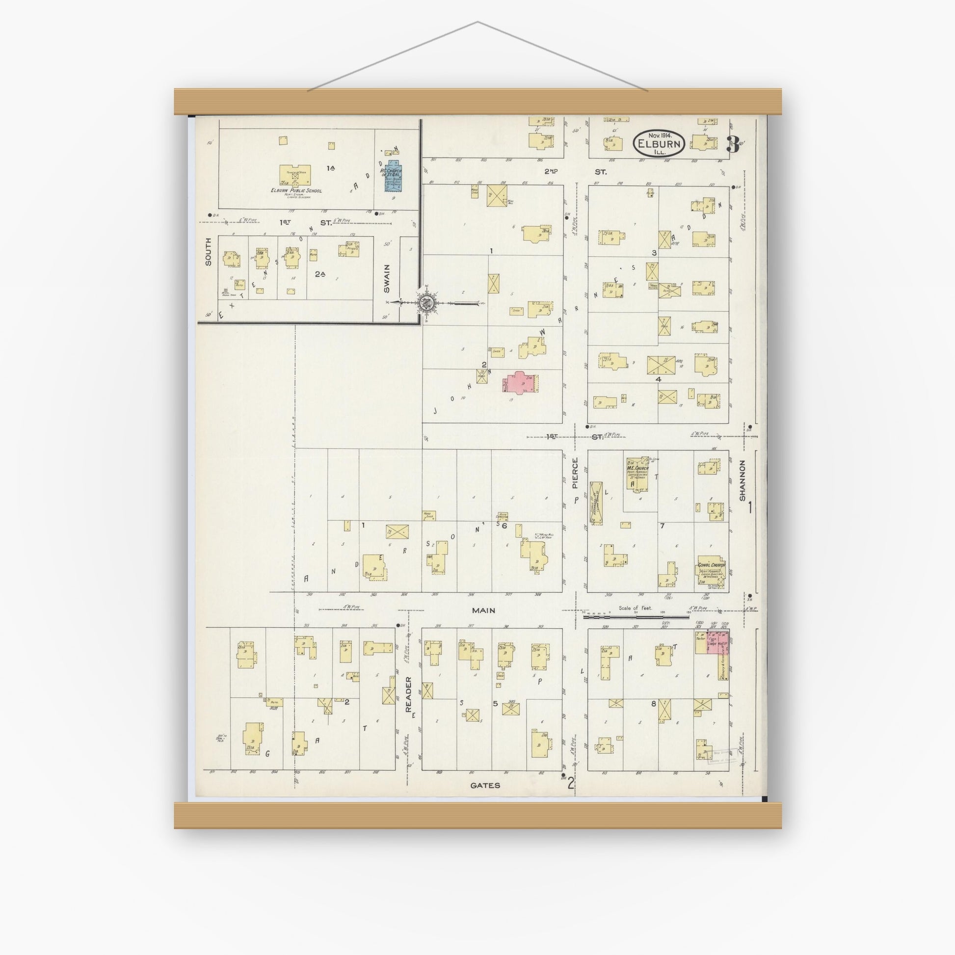 Old map wall art mockup — magnetic wood frame on white wall — Sanborn Fire Insurance Map from Elburn, Kane County, Illinois (1914), Sheet #0003