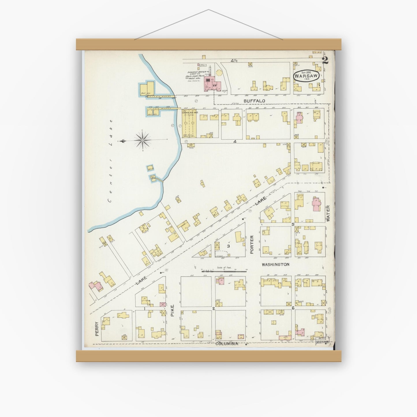 Old map wall art mockup — magnetic wood frame on white wall — Sanborn Fire Insurance Map from Warsaw, Kosciusko County, Indiana (1892), Sheet #0002