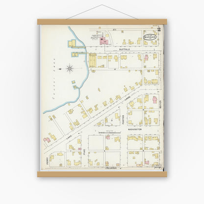 Old map wall art mockup — magnetic wood frame on white wall — Sanborn Fire Insurance Map from Warsaw, Kosciusko County, Indiana (1892), Sheet #0002