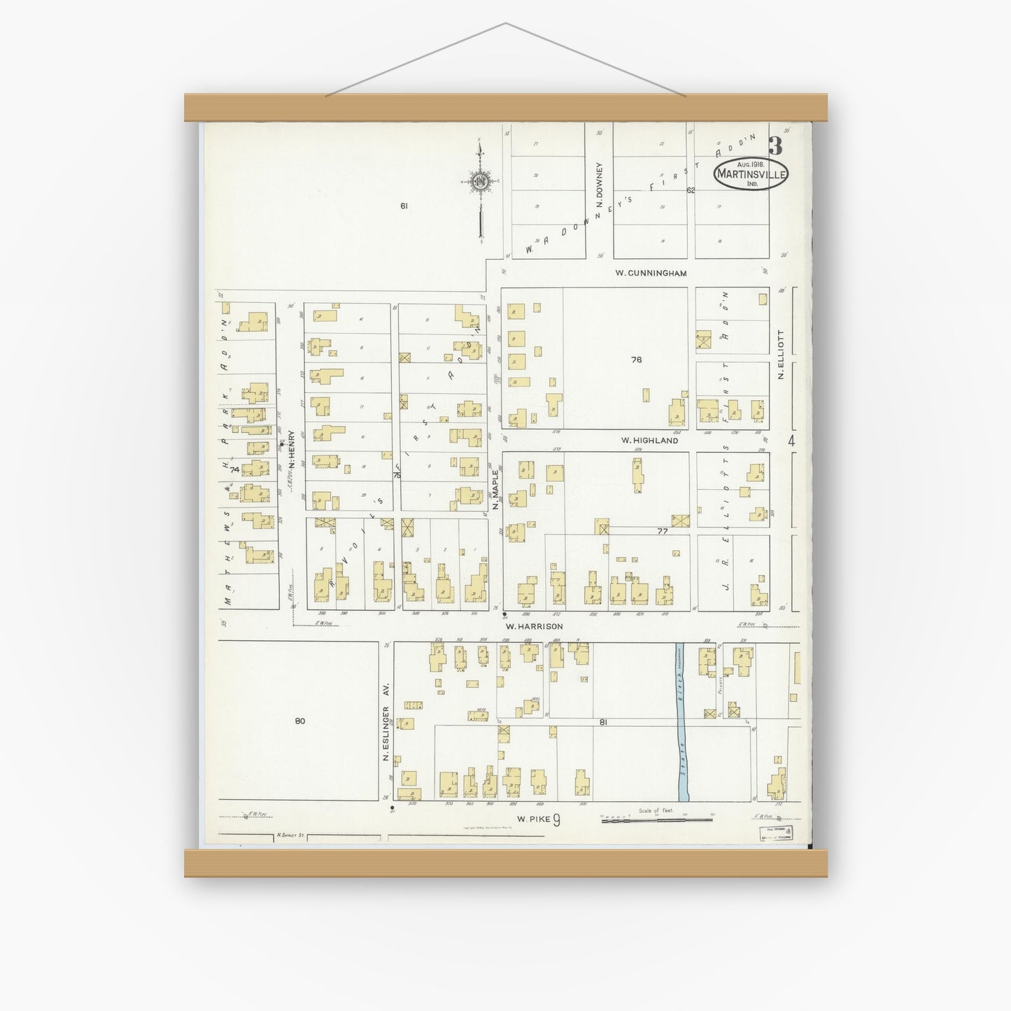 Old map wall art mockup — magnetic wood frame on white wall — Sanborn Fire Insurance Map from Martinsville, Morgan County, Indiana (1916), Sheet #0003