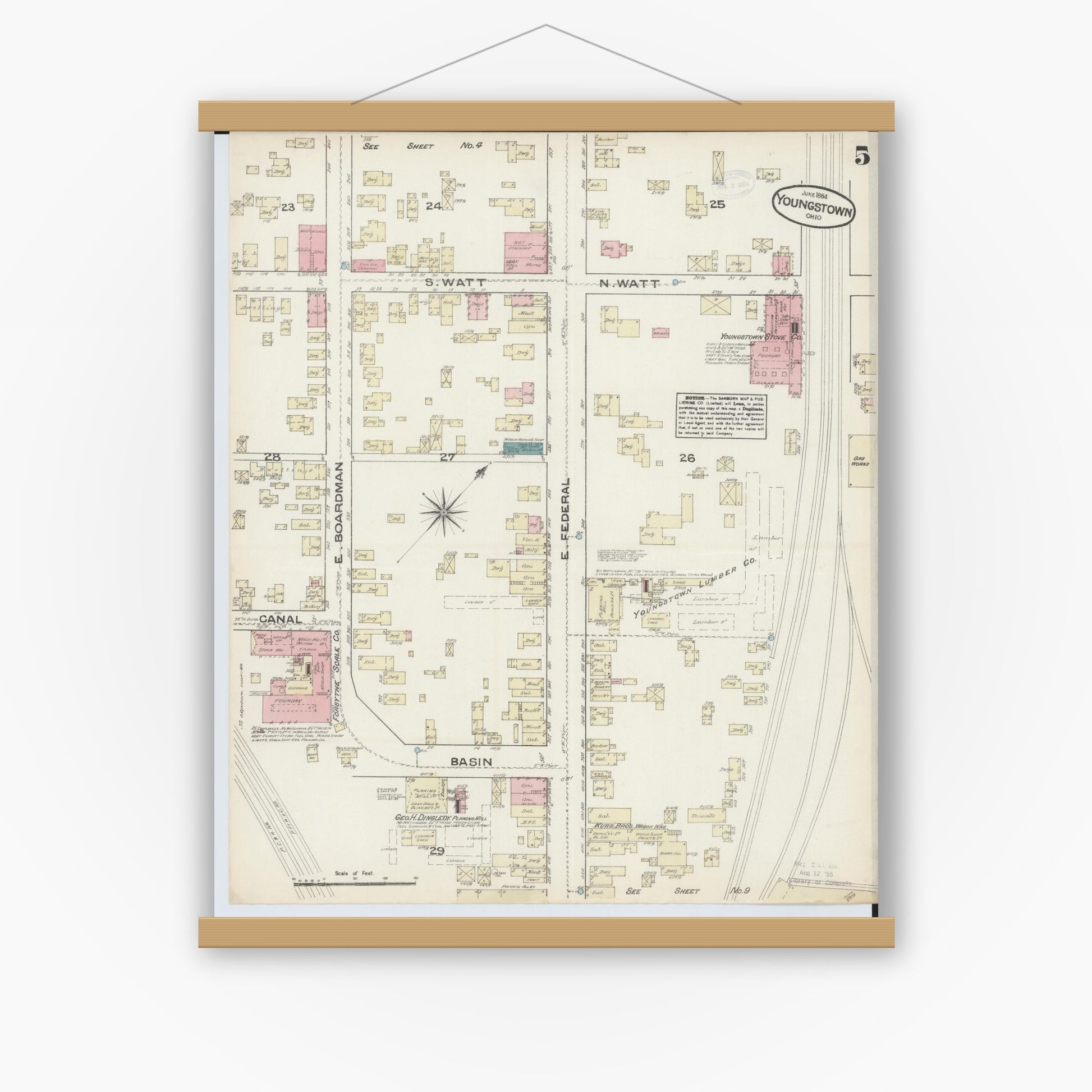 Old map wall art mockup — magnetic wood frame on white wall — Sanborn Fire Insurance Map from Youngstown, Mahoning County, Ohio (1884), Sheet #0005