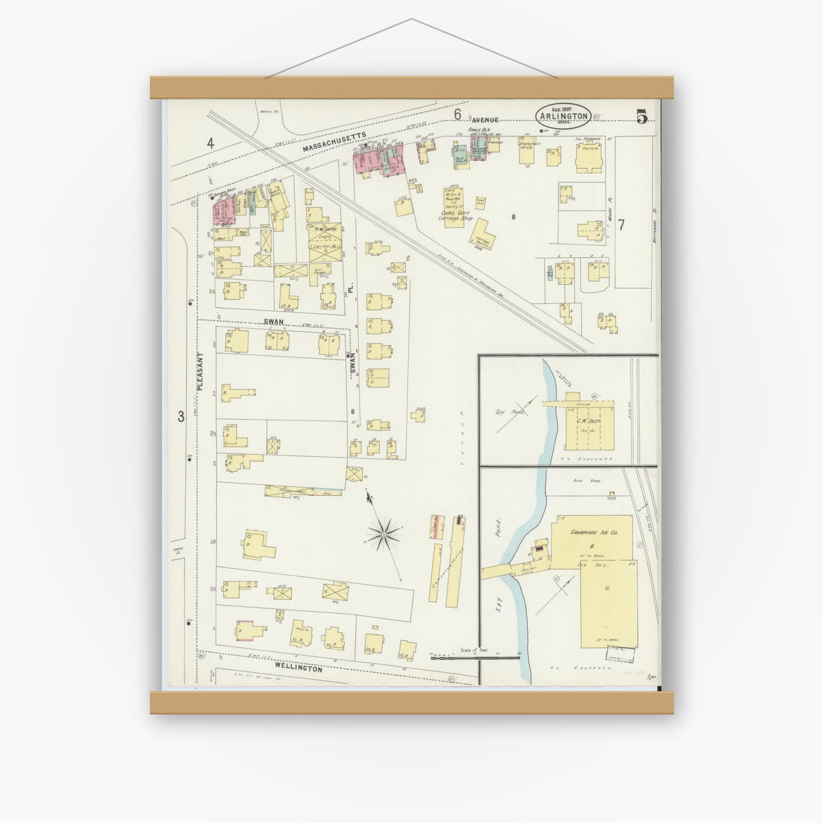 Old map wall art mockup — magnetic wood frame on white wall — Sanborn Fire Insurance Map from Arlington, Middlesex County, Massachusetts (1897), Sheet #0005