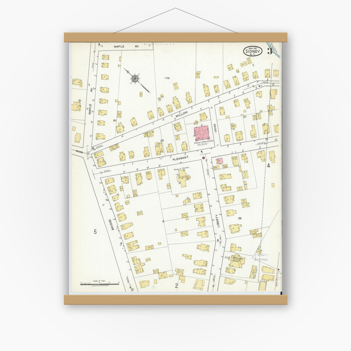 Old map wall art mockup — magnetic wood frame on white wall — Sanborn Fire Insurance Map from Sidney, Delaware County, New York (1917), Sheet #0003