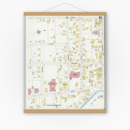 Old map wall art mockup — magnetic wood frame on white wall — Sanborn Fire Insurance Map from Spencer, Worcester County, Massachusetts (1901), Sheet #0010