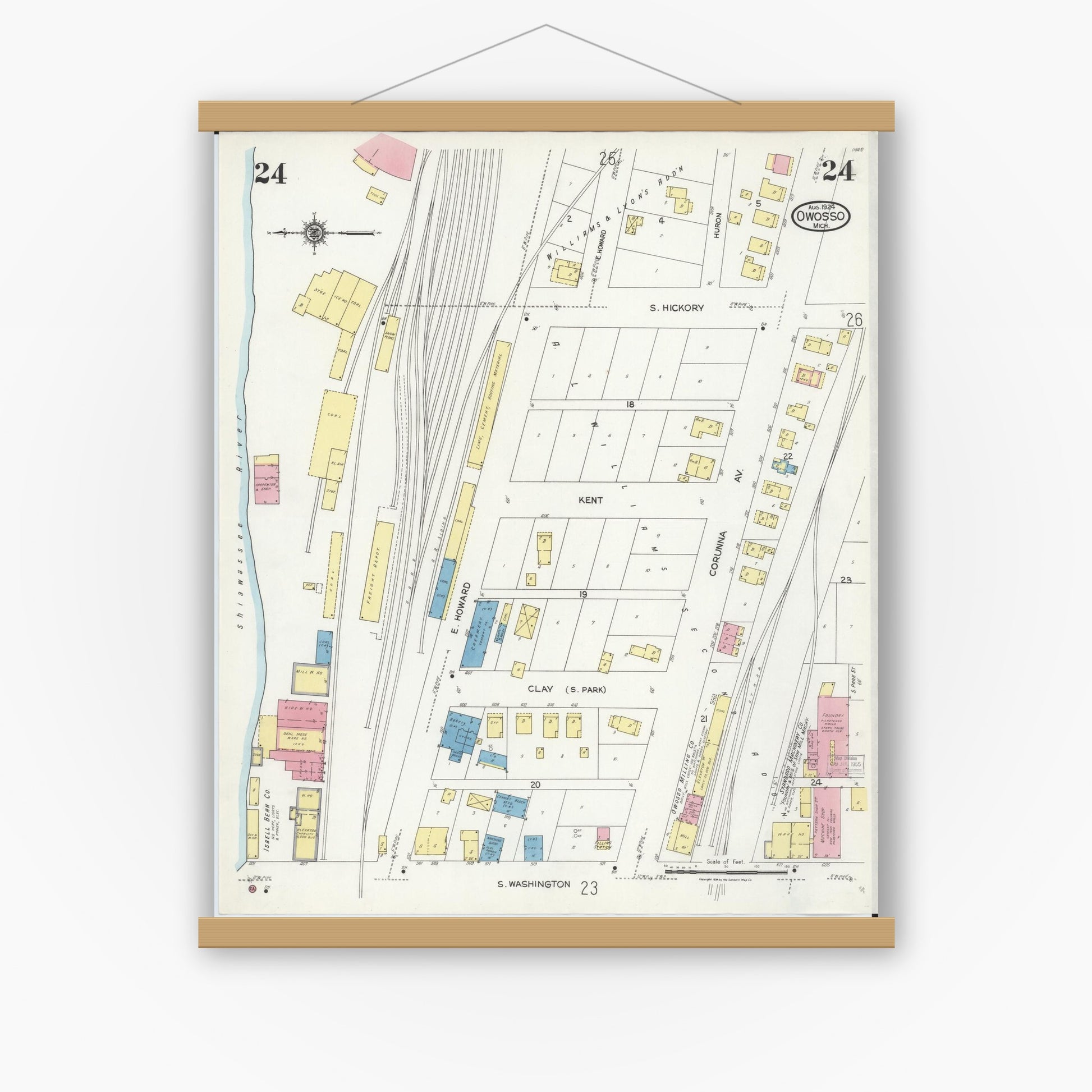 Old map wall art mockup — magnetic wood frame on white wall — Sanborn Fire Insurance Map from Owosso, Shiawassee County, Michigan (1924), Sheet #0024