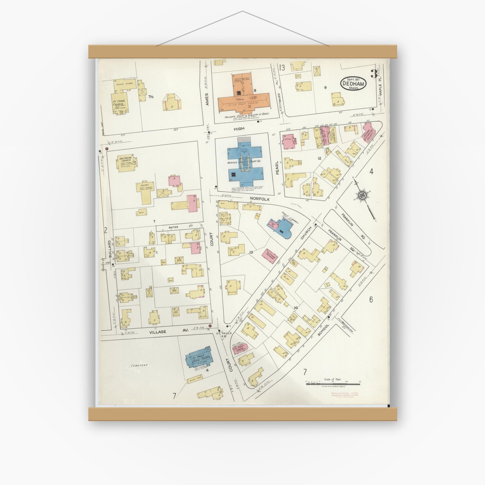 Old map wall art mockup — magnetic wood frame on white wall — Sanborn Fire Insurance Map from Dedham, Norfolk County, Massachusetts (1917), Sheet #0003