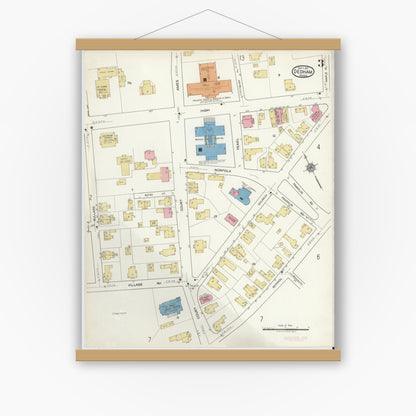 Old map wall art mockup — magnetic wood frame on white wall — Sanborn Fire Insurance Map from Dedham, Norfolk County, Massachusetts (1917), Sheet #0003