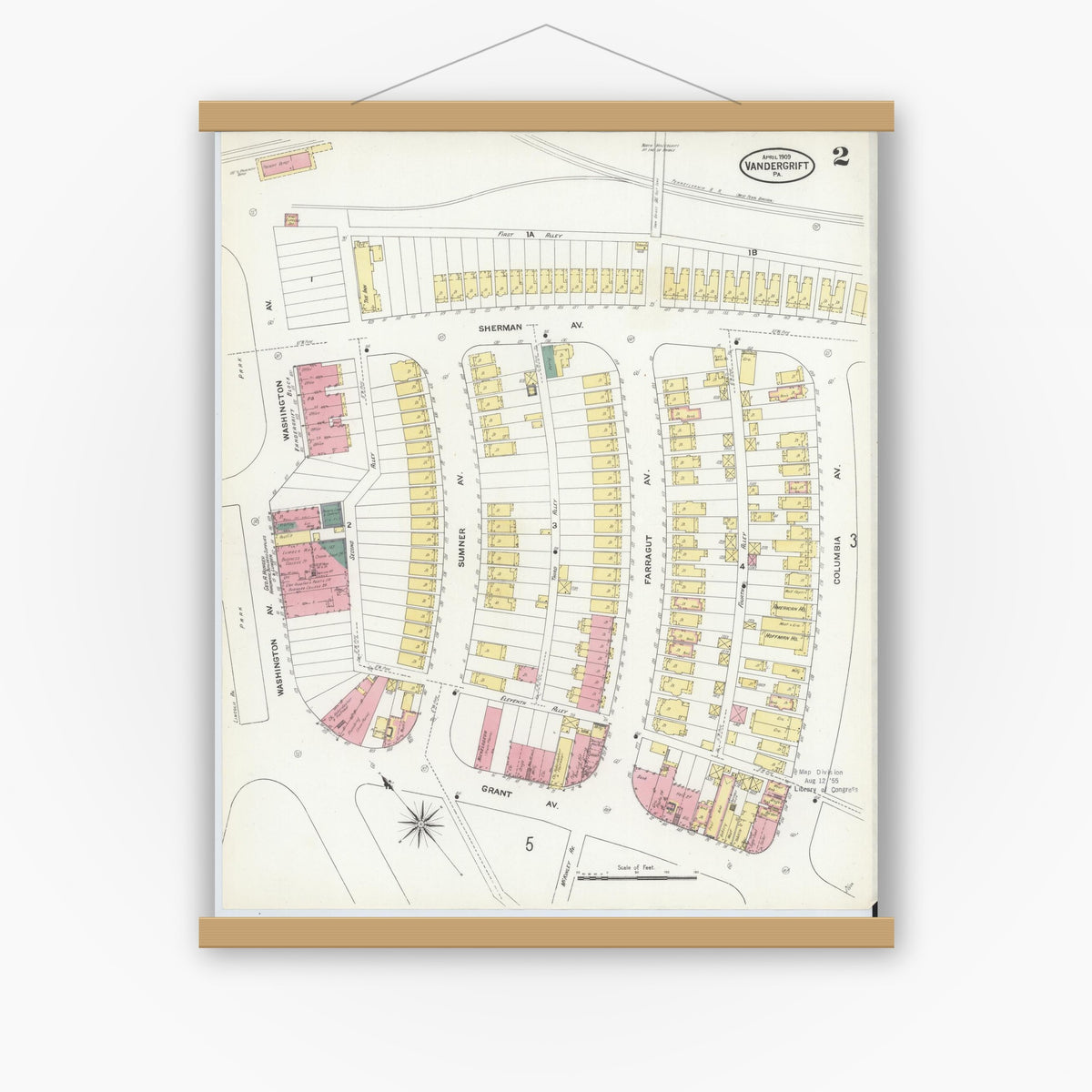 Old map wall art mockup — magnetic wood frame on white wall — Sanborn Fire Insurance Map from Vandergrift, Westmoreland County, Pennsylvania (1909), Sheet #0002
