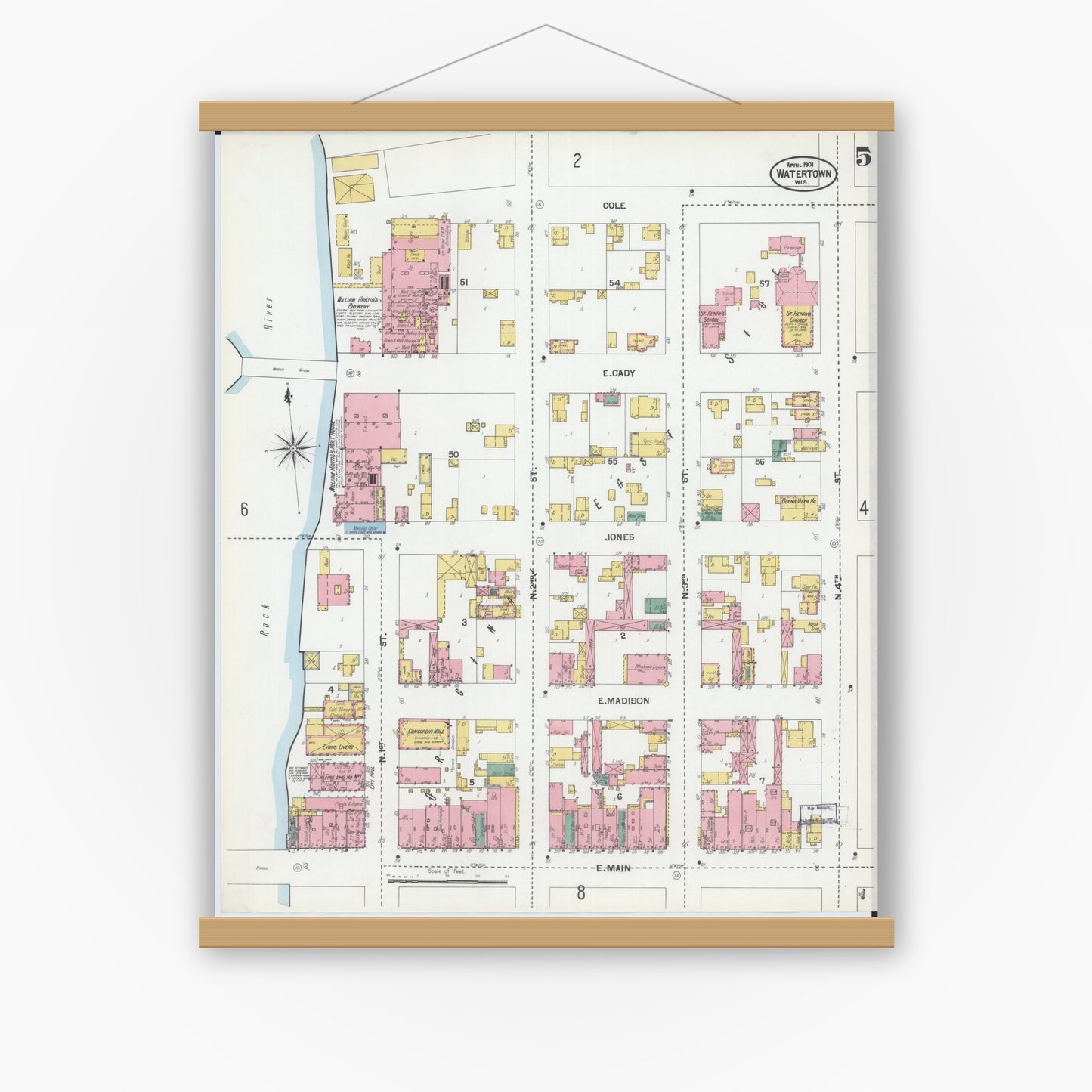 Old map wall art mockup — magnetic wood frame on white wall — Sanborn Fire Insurance Map from Watertown, Jefferson County, Wisconsin (1901), Sheet #0005