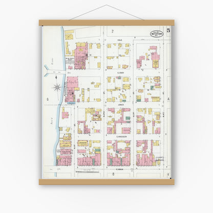 Old map wall art mockup — magnetic wood frame on white wall — Sanborn Fire Insurance Map from Watertown, Jefferson County, Wisconsin (1901), Sheet #0005