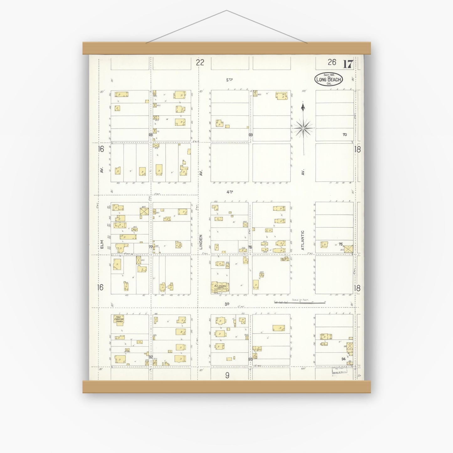 Old map wall art mockup — magnetic wood frame on white wall — Sanborn Fire Insurance Map from Long Beach, Los Angeles County, California (1902), Sheet #0017