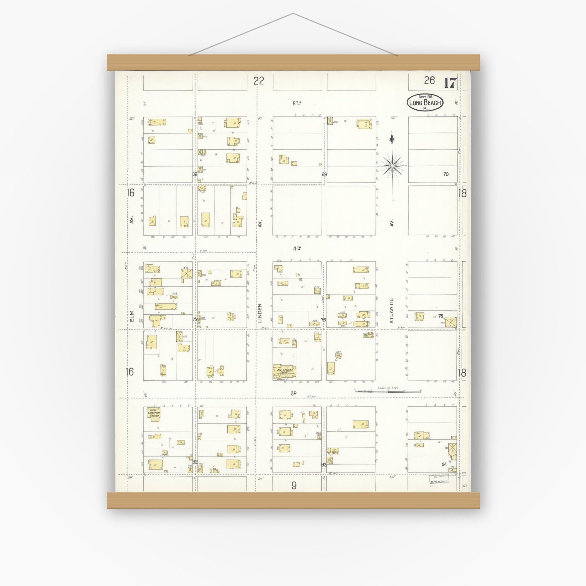 Old map wall art mockup — magnetic wood frame on white wall — Sanborn Fire Insurance Map from Long Beach, Los Angeles County, California (1902), Sheet #0017