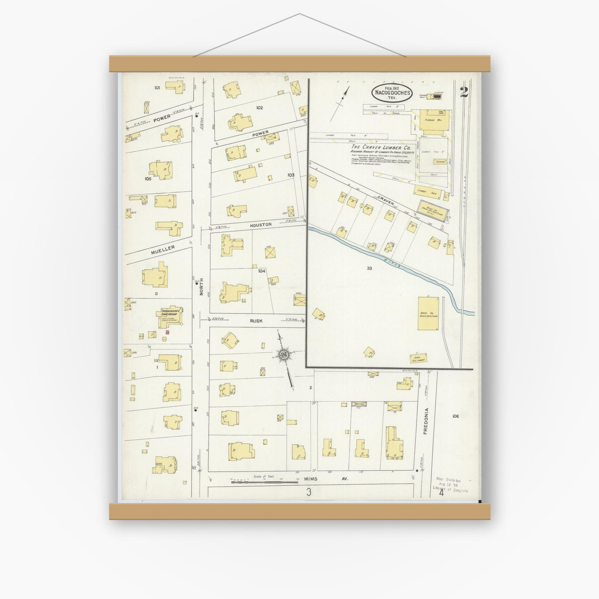 Old map wall art mockup — magnetic wood frame on white wall — Sanborn Fire Insurance Map from Nacogdoches, Nacogdoches County, Texas (1912), Sheet #0002