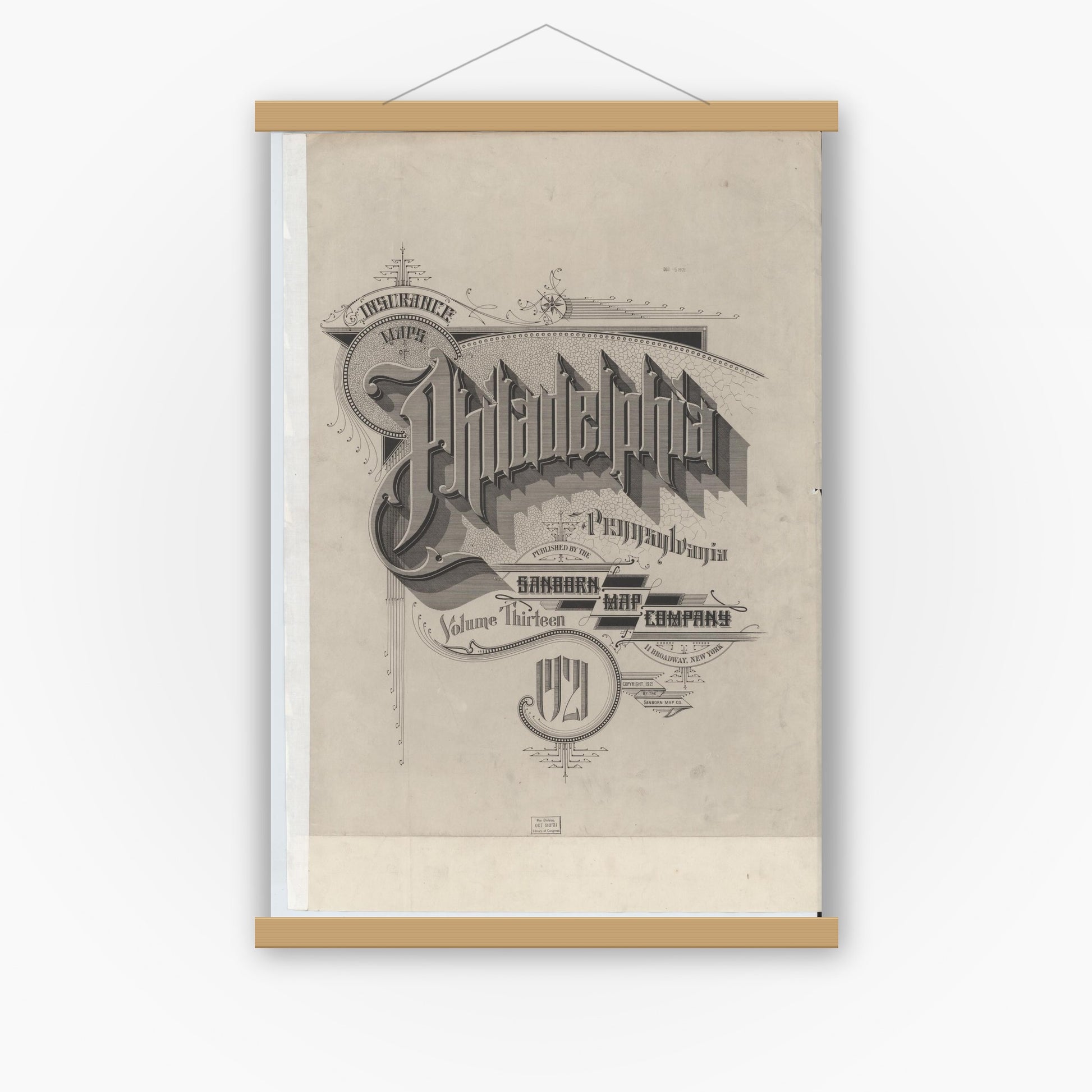 Old map wall art mockup — magnetic wood frame on white wall — Sanborn Fire Insurance Map from Philadelphia, Philadelphia County, Pennsylvania (1921), Sheet #0001