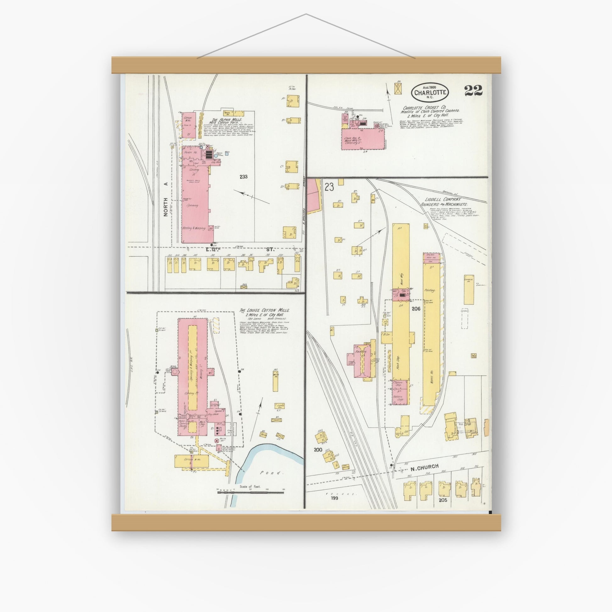 Old map wall art mockup — magnetic wood frame on white wall — Sanborn Fire Insurance Map from Charlotte, Mecklenburg County, North Carolina (1900), Sheet #0022