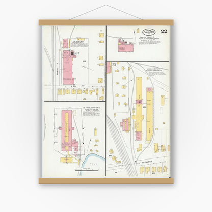 Old map wall art mockup — magnetic wood frame on white wall — Sanborn Fire Insurance Map from Charlotte, Mecklenburg County, North Carolina (1900), Sheet #0022