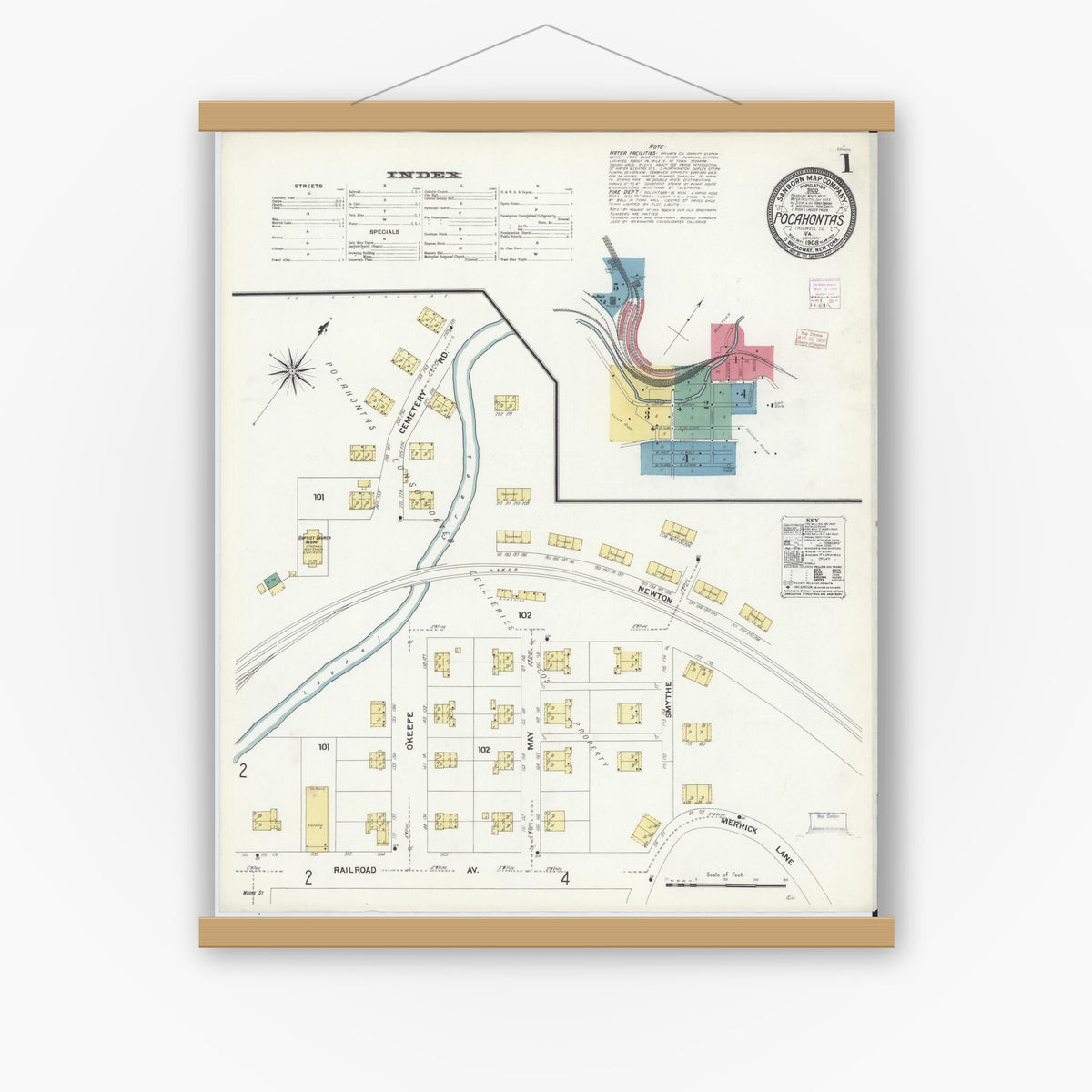 Old map wall art mockup — magnetic wood frame on white wall — Sanborn Fire Insurance Map from Pocahontas, Tazewell County, Virginia (1908), Sheet #0001