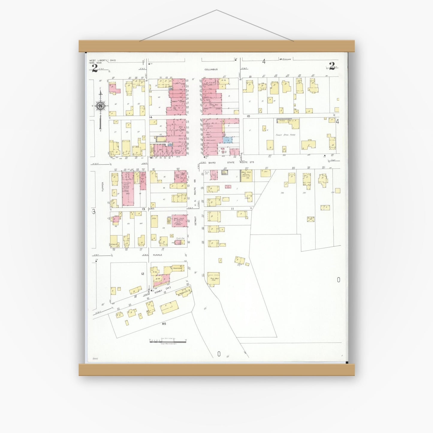 Old map wall art mockup — magnetic wood frame on white wall — Sanborn Fire Insurance Map from West Liberty, Logan County, Ohio (1948), Sheet #0002
