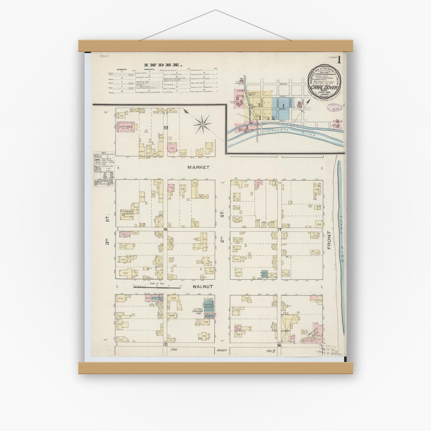 Old map wall art mockup — magnetic wood frame on white wall — Sanborn Fire Insurance Map from Canal Dover, Tuscarawas County, Ohio (1887), Sheet #0001