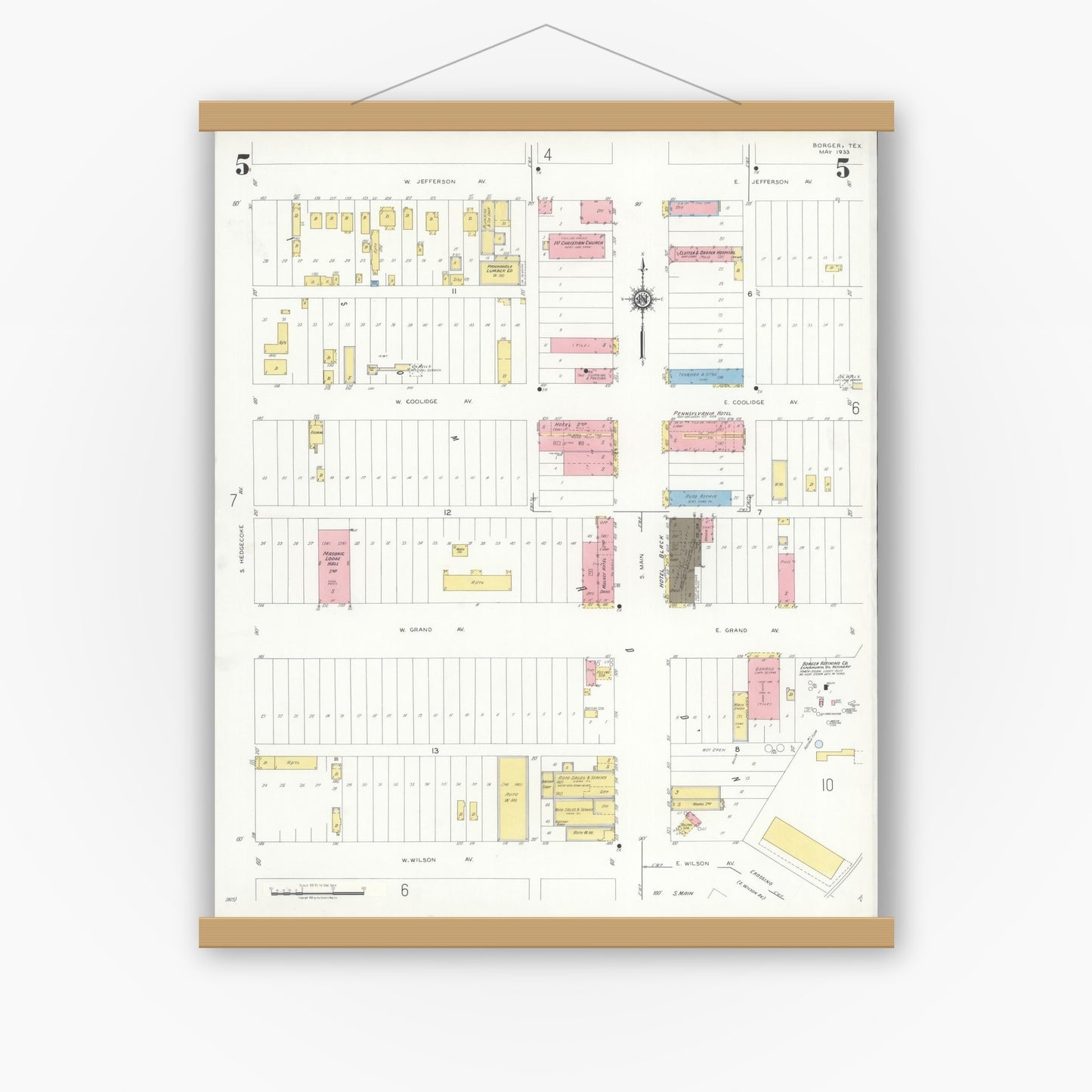 Old map wall art mockup — magnetic wood frame on white wall — Sanborn Fire Insurance Map from Borger, Hutchinson County, Texas (1933), Sheet #0005