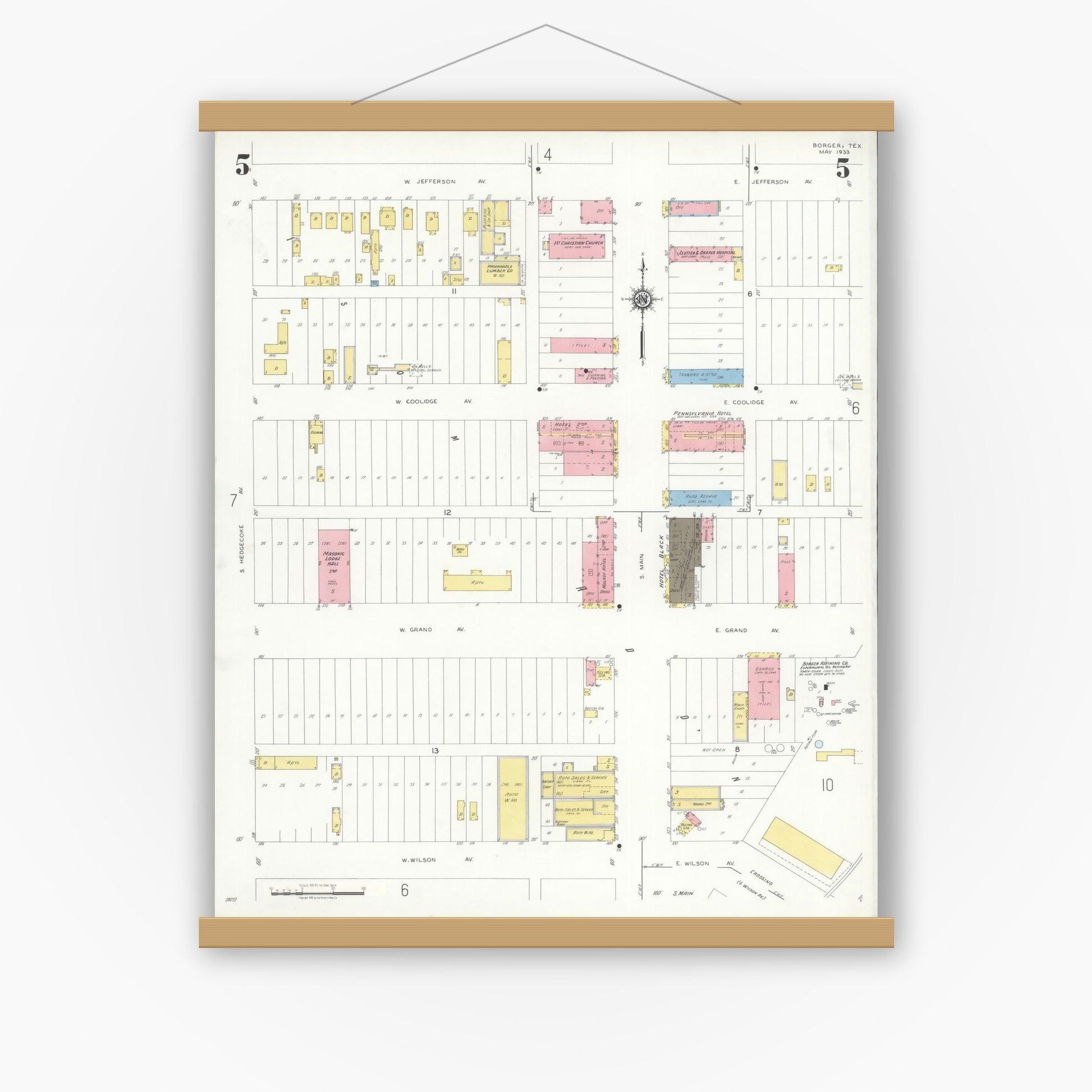Old map wall art mockup — magnetic wood frame on white wall — Sanborn Fire Insurance Map from Borger, Hutchinson County, Texas (1933), Sheet #0005