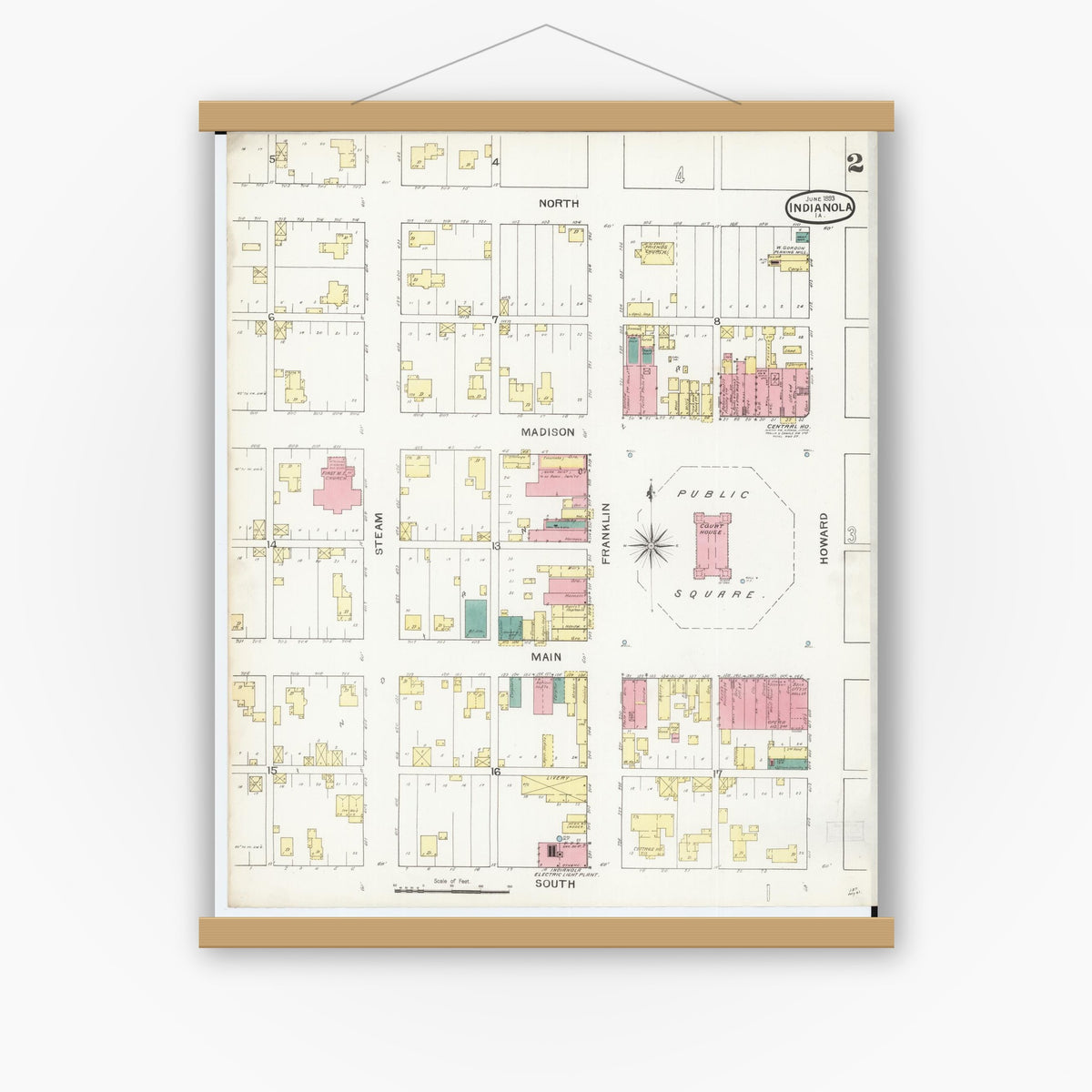 Old map wall art mockup — magnetic wood frame on white wall — Sanborn Fire Insurance Map from Indianola, Warren County, Iowa (1893), Sheet #0002