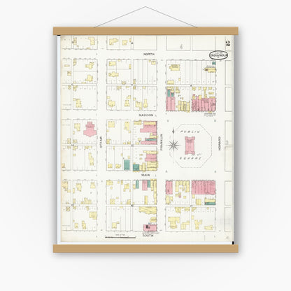Old map wall art mockup — magnetic wood frame on white wall — Sanborn Fire Insurance Map from Indianola, Warren County, Iowa (1893), Sheet #0002