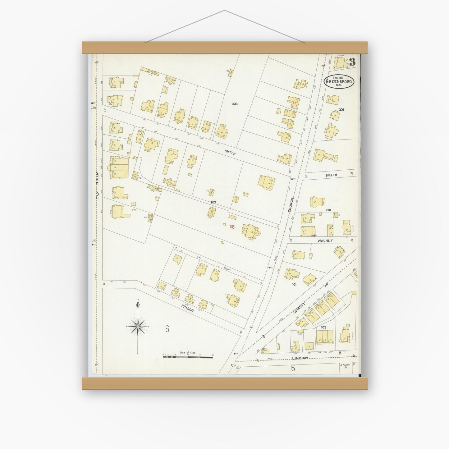 Old map wall art mockup — magnetic wood frame on white wall — Sanborn Fire Insurance Map from Greensboro, Guilford County, North Carolina (1907), Sheet #0003
