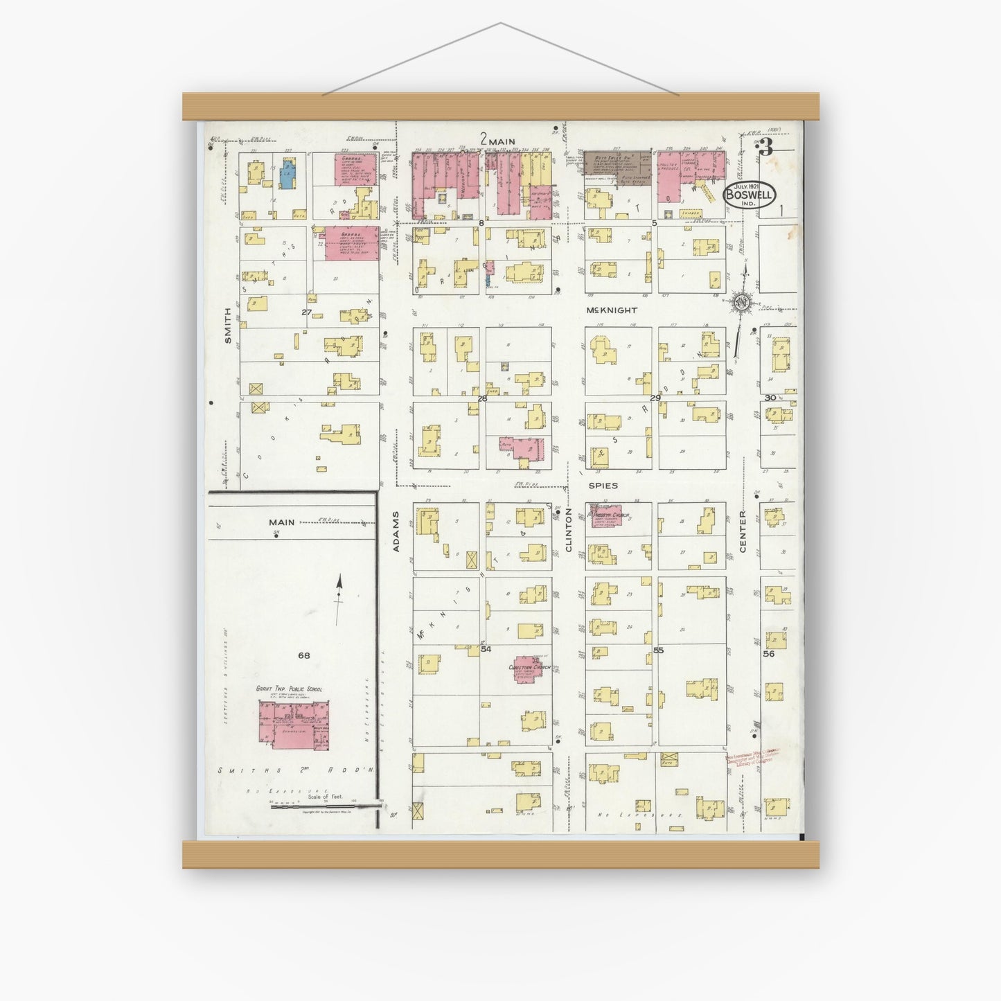 Old map wall art mockup — magnetic wood frame on white wall — Sanborn Fire Insurance Map from Boswell, Benton County, Indiana (1921), Sheet #0003