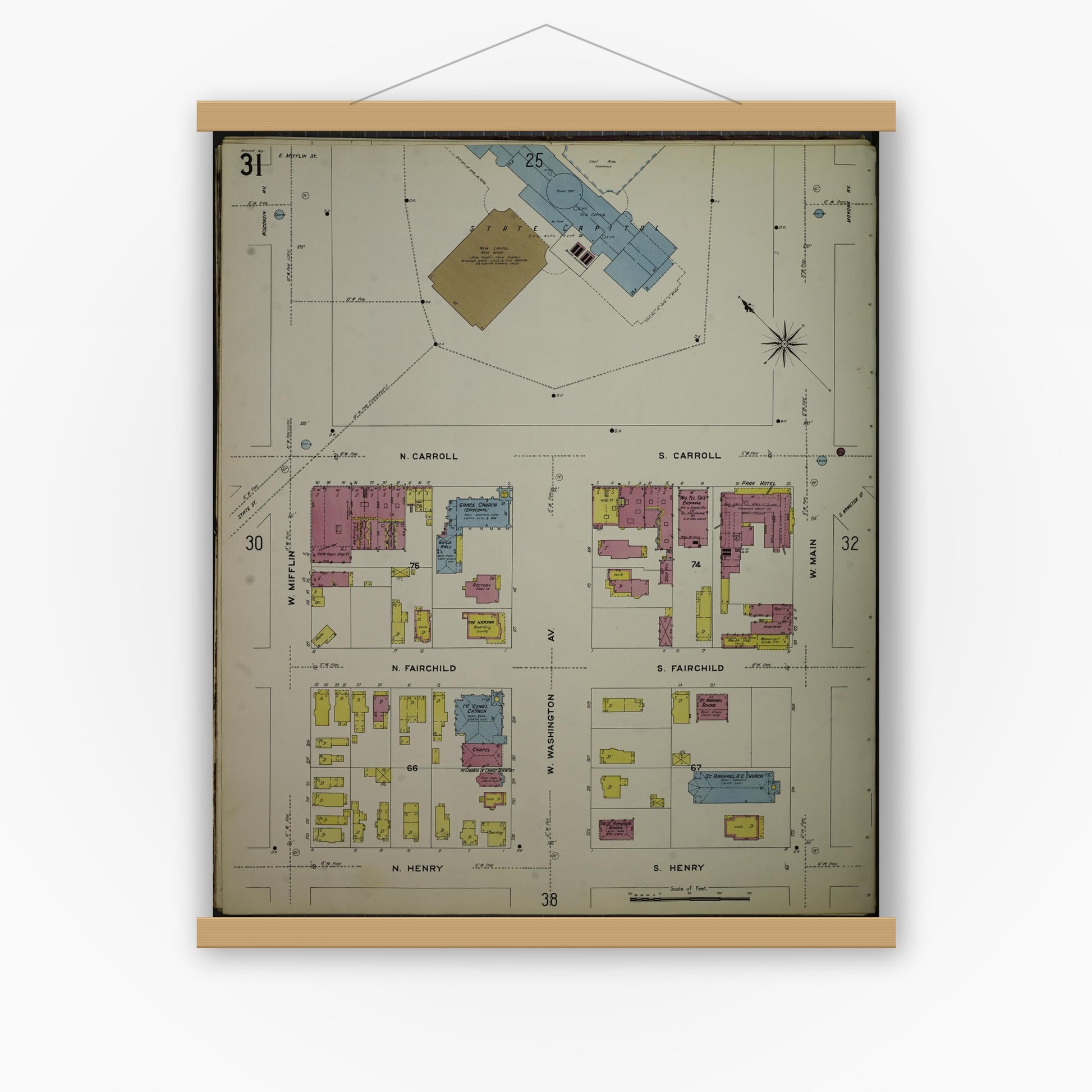 Old map wall art mockup — magnetic wood frame on white wall — Sanborn Fire Insurance Map from Madison, Dane County, Wisconsin (1908), Sheet #0031