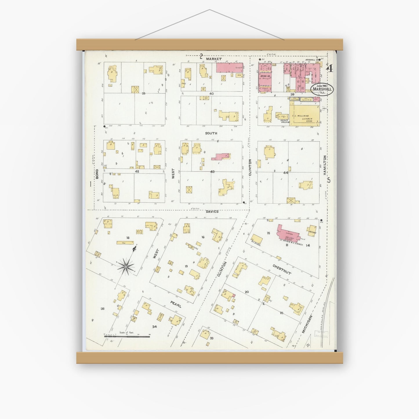 Old map wall art mockup — magnetic wood frame on white wall — Sanborn Fire Insurance Map from Marshall, Clark County, Illinois (1906), Sheet #0004