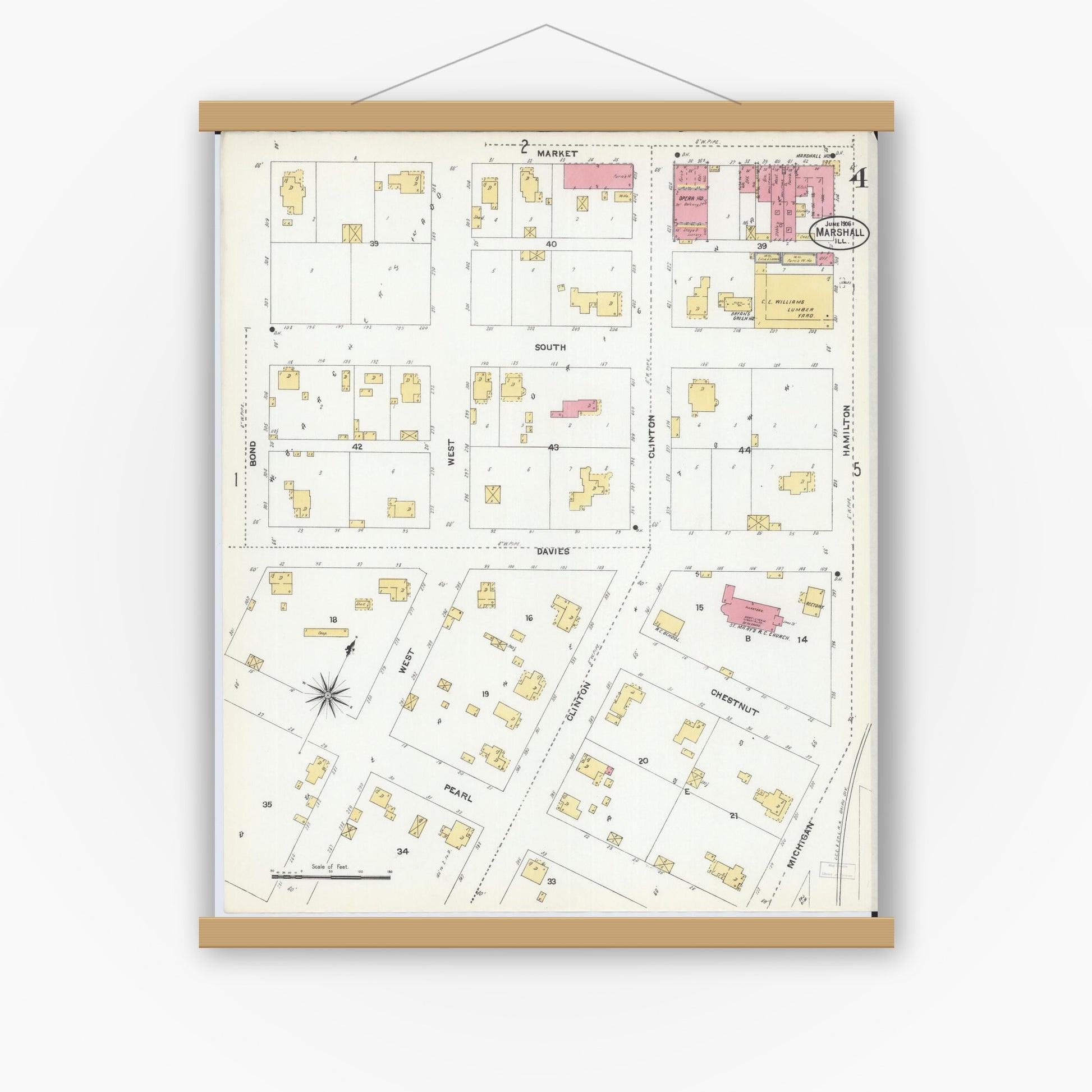 Old map wall art mockup — magnetic wood frame on white wall — Sanborn Fire Insurance Map from Marshall, Clark County, Illinois (1906), Sheet #0004