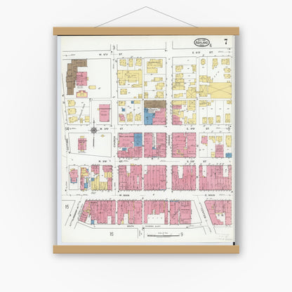 Old map wall art mockup — magnetic wood frame on white wall — Sanborn Fire Insurance Map from Ashland, Ashland County, Ohio (1919), Sheet #0007