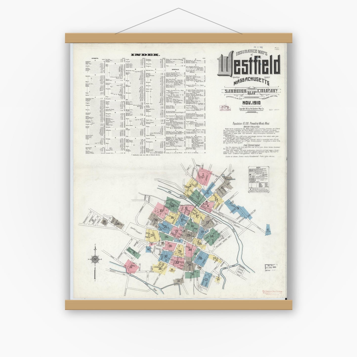 Old map wall art mockup — magnetic wood frame on white wall — Sanborn Fire Insurance Map from Westfield, Hampden County, Massachusetts (1910), Sheet #0001